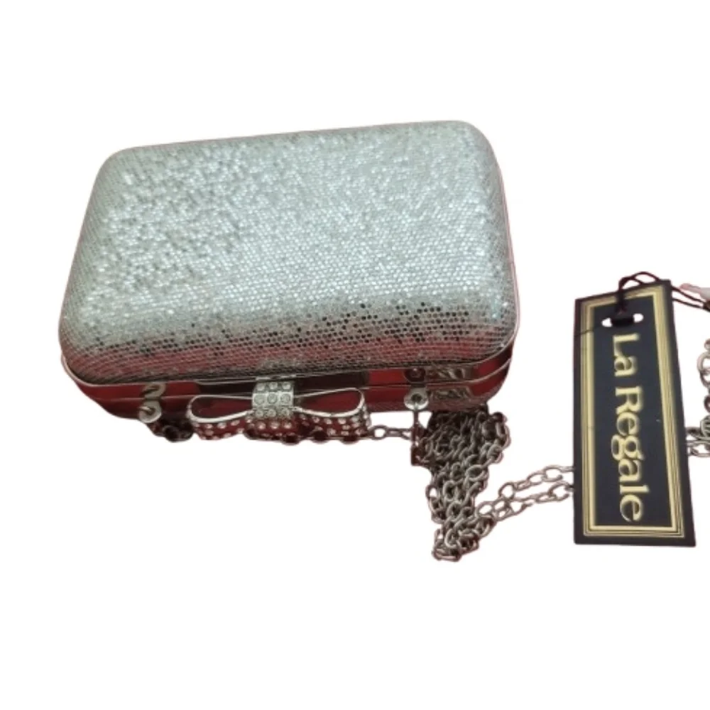 La Regale Sparkling Silver Bow Clutch Rhinestones Sequin Metallic